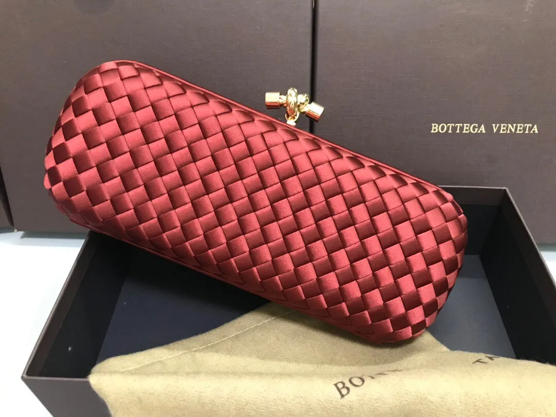 Style No. 8651, upgraded version of full silk evening bag inside and outside~~~INTRECCIATO woven IMPERO STRETCH KNOT clutch bag, hand-woven silk, smooth satin piping, Intrecciato engraved metal buckle, silk satin lining. Large size: 25cm*10cm*5cm